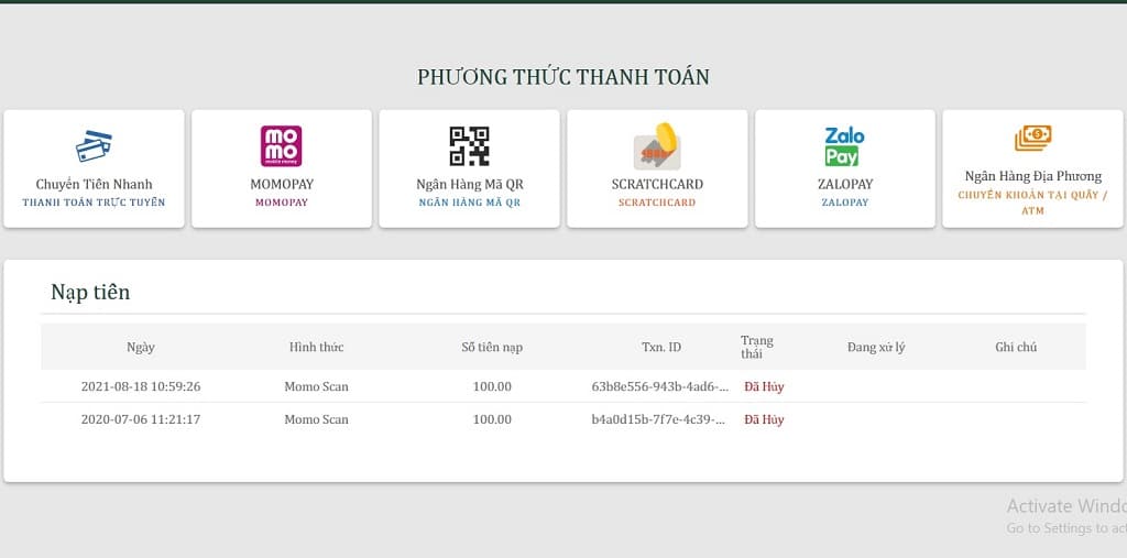 Giao diện nạp tiền tại SV3888